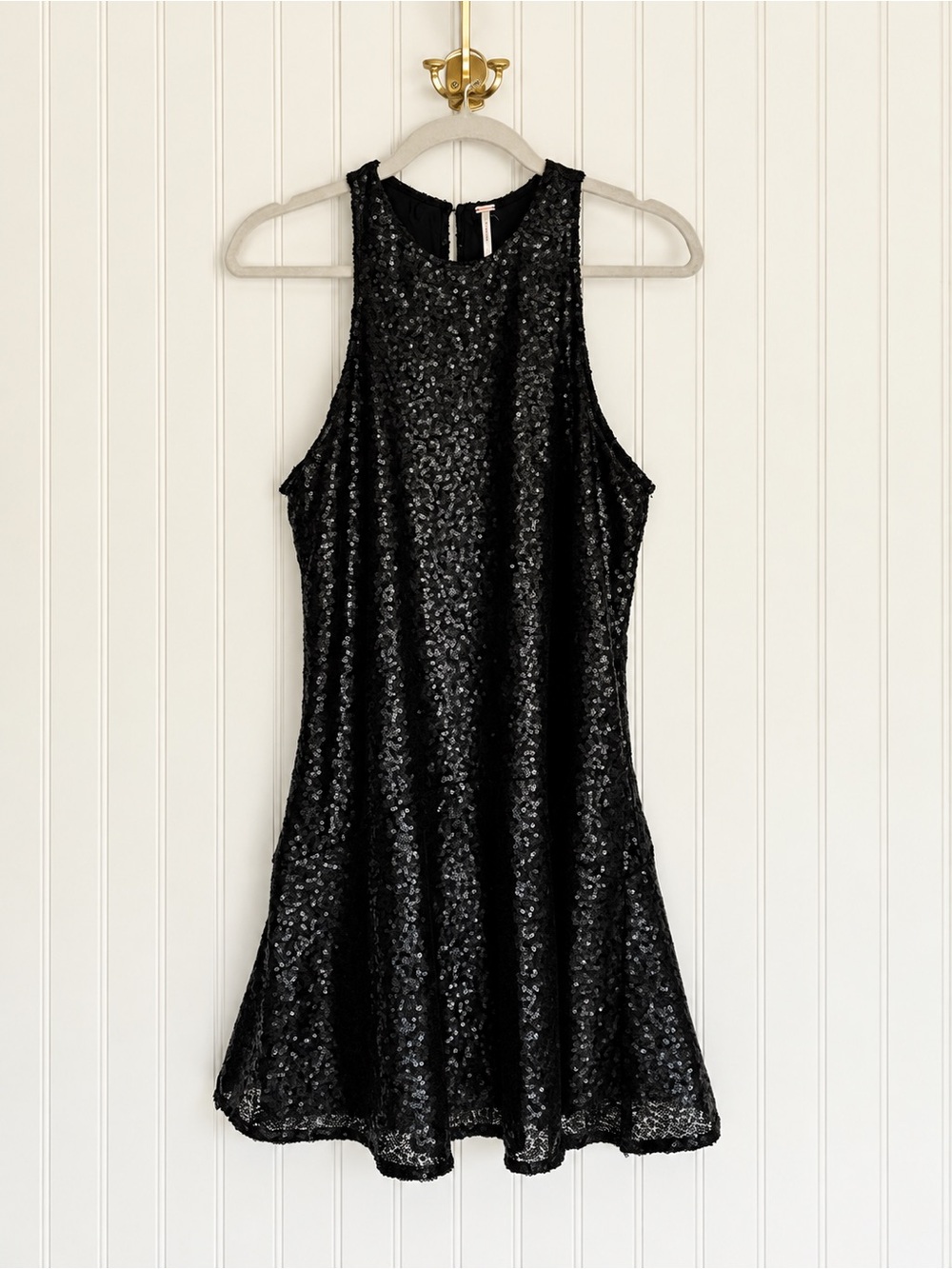 Free People Black Sequin Fit & Flare Mini Dress Open Back Party Cocktail